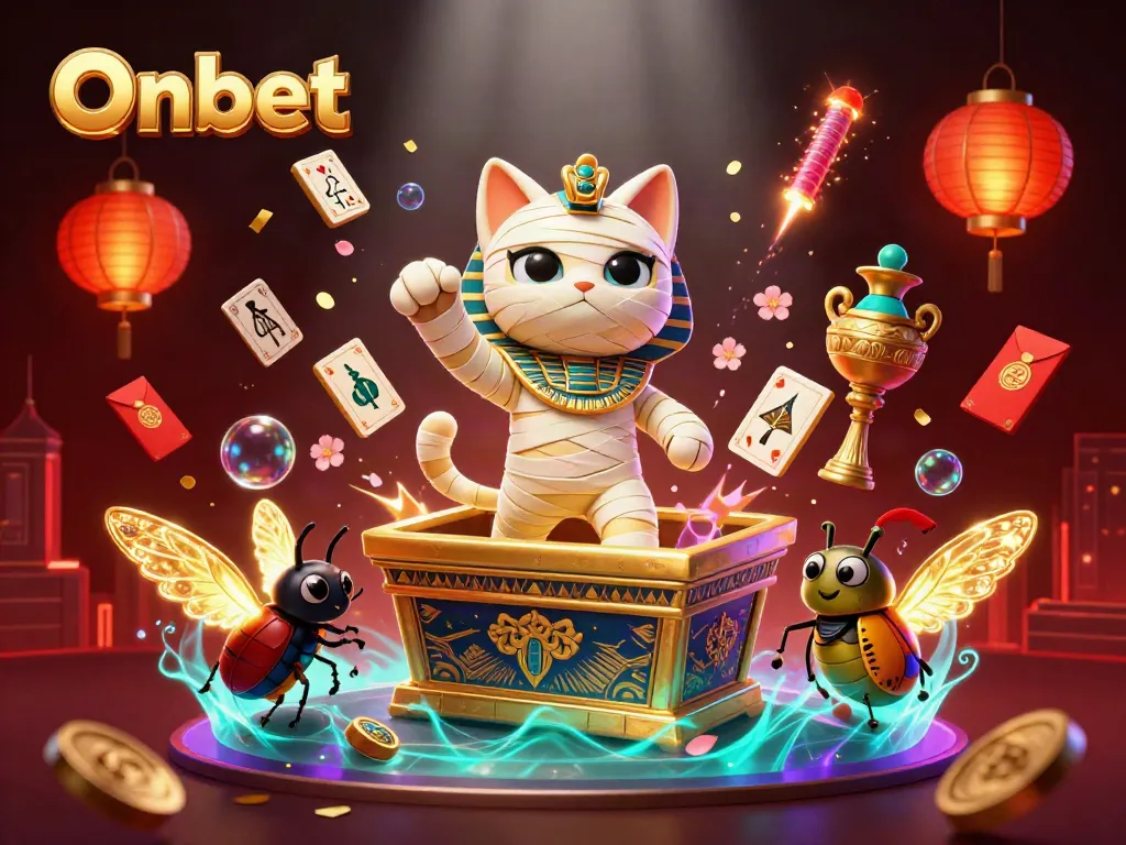 Experience the thrill of Onbet with an Egyptian mummy cat in a vibrant casino scene.