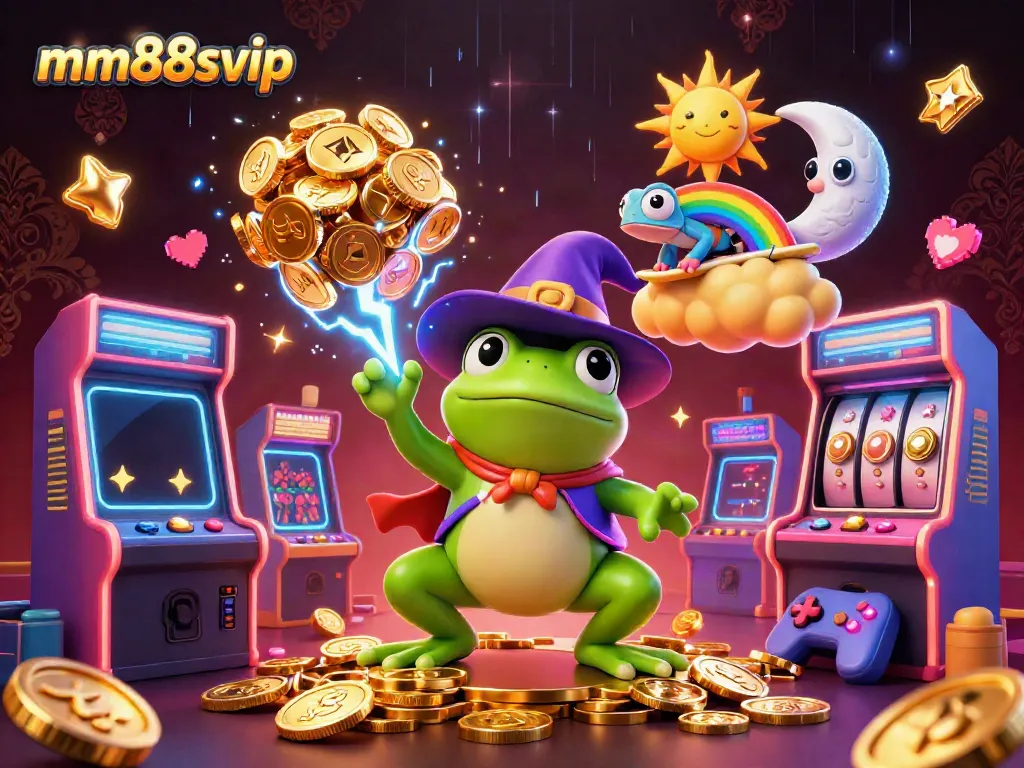 Experience the excitement of mm88svip with a mystical scene of a weather wizard frog conjuring coins while gaming elements surround it.