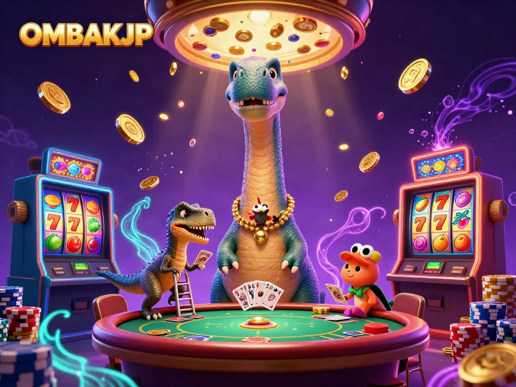 Experience excitement with OMBAKJP as vibrant slot machines and colorful casino action unfold in a lively scene.