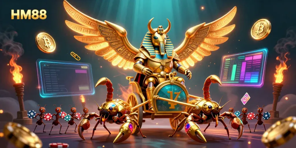 Experience HM88 with a lavish golden scarab beetle and jewel-encrusted scorpions in this dynamic casino-themed illustration.