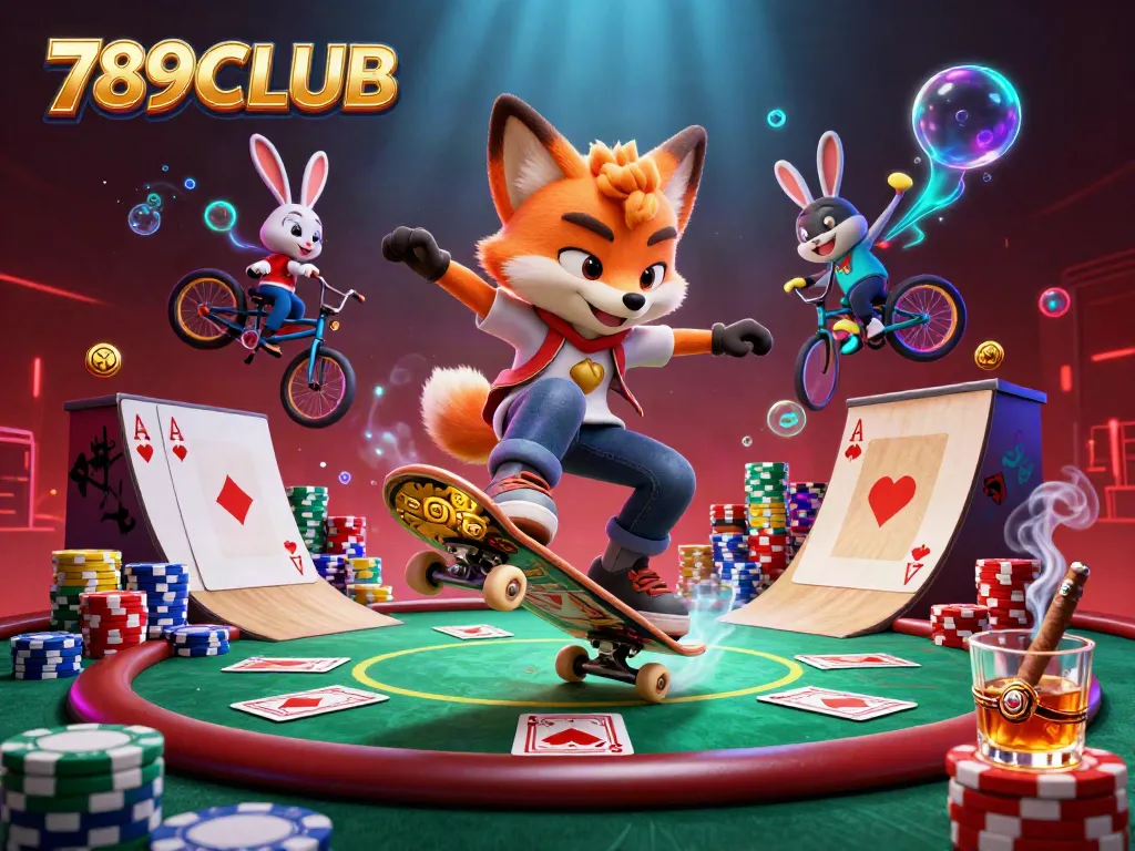 Experience excitement with 789CLUB in this vibrant casino-themed illustration featuring skilled characters.