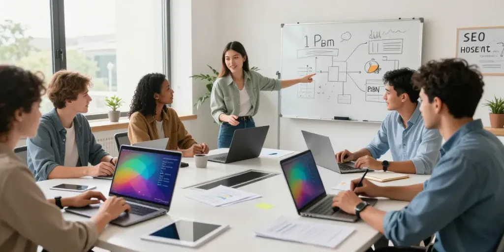 Team collaborating in modern office discussing best PBN hosting provider strategies.