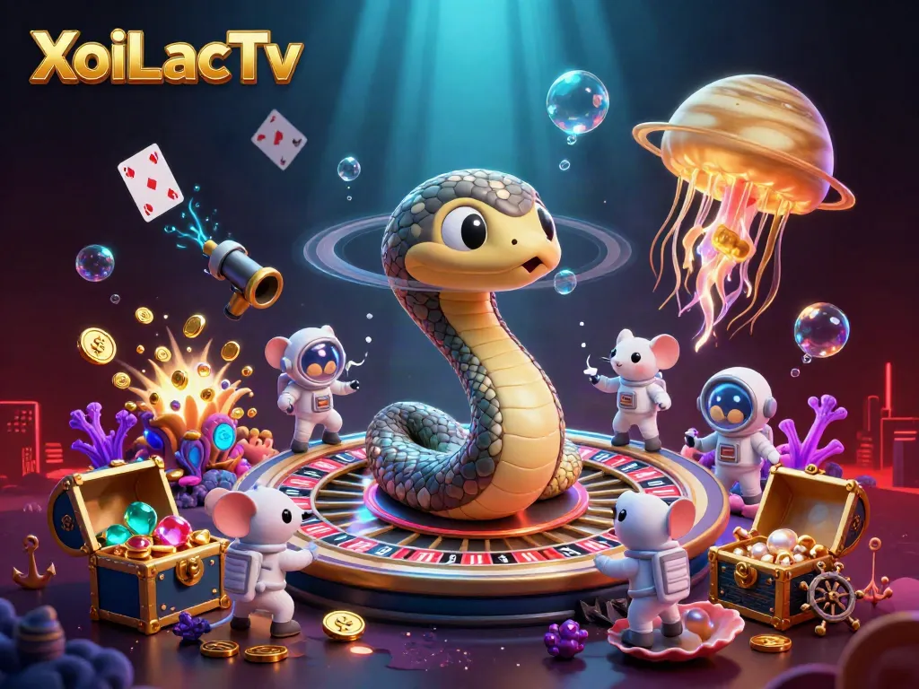 Experience XoiLacTv's vibrant casino cosmos with 3D cartoon characters engaging in cosmic gaming.