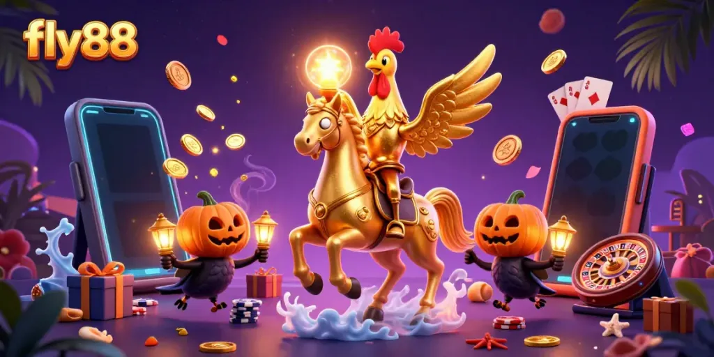 Experience the thrilling atmosphere of fly88 with a golden rooster and festive characters in a dynamic casino scene.