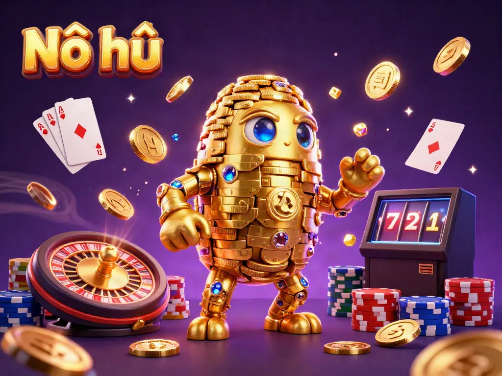 Nổ hũ golem surrounded by cascading golden coins and vibrant casino elements in an exciting scene.
