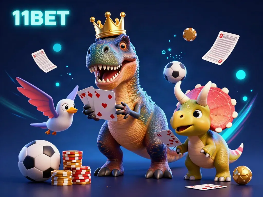11BET's T-Rex and friends engaging in a lively card game while surrounded by sports betting elements.