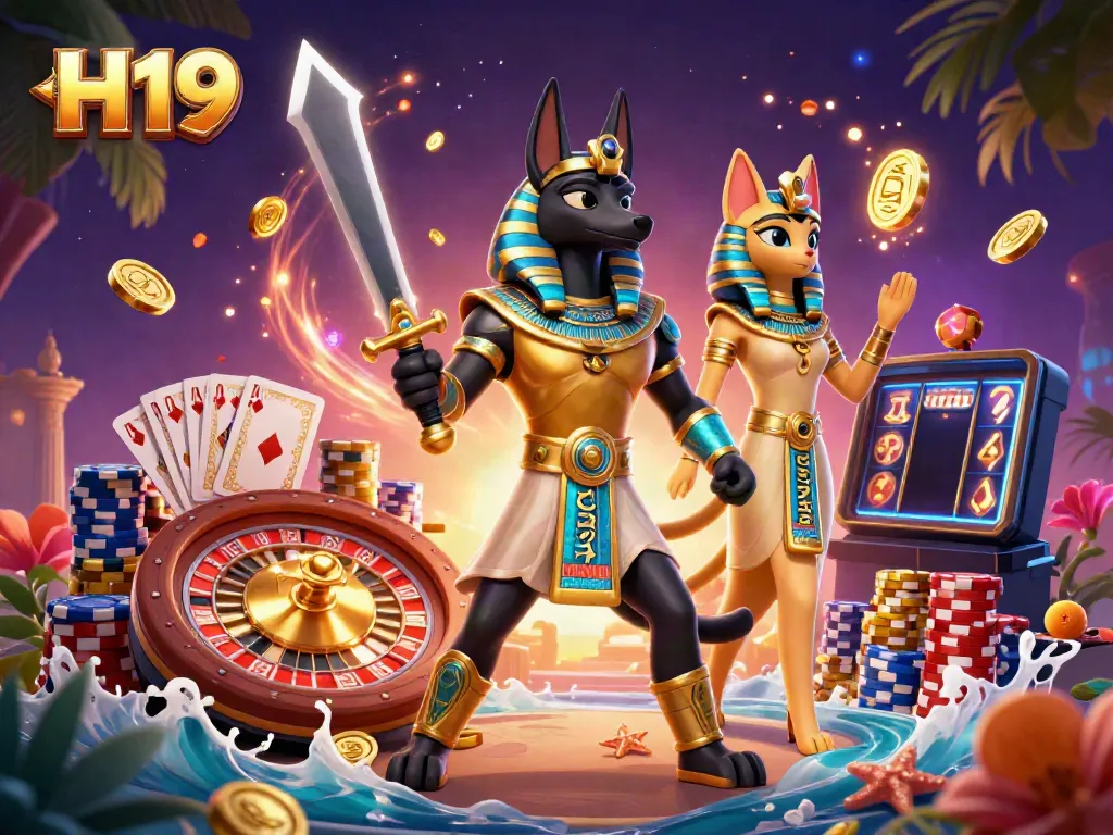 Experience the thrill of H19 with Anubis and Bastet in a vibrant casino scene filled with gold coins and cards.