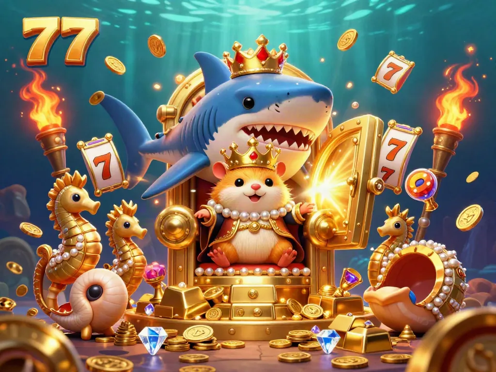 Engage with 77's vibrant gambling world featuring a golden hamster king on a throne amid riches and slot elements.