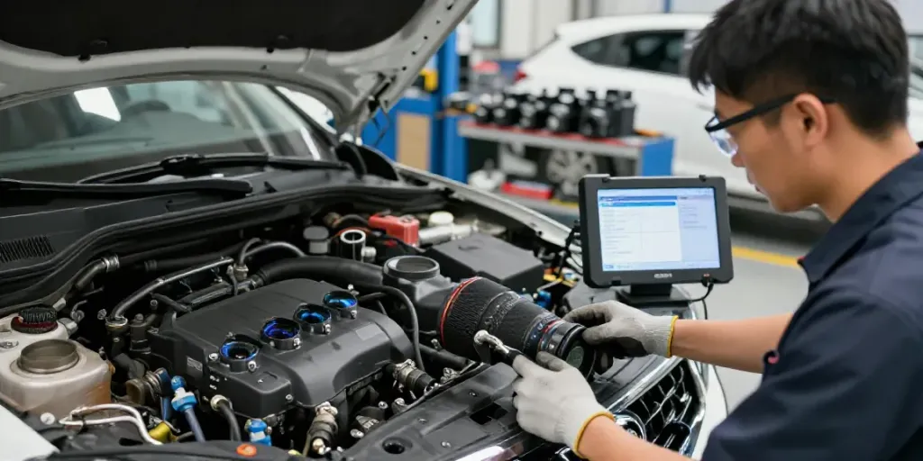 Technician conducting DPF regeneration on a diesel engine in a professional automotive service shop.