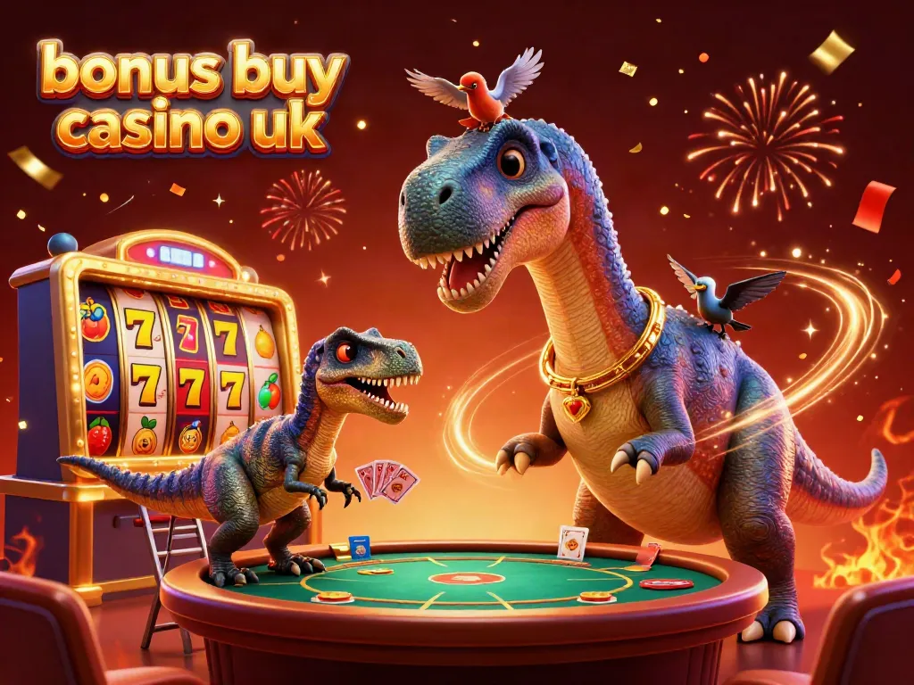 Experience the thrilling atmosphere of a bonus buy casino uk, with dynamic fantasy elements around a playful dinosaur.