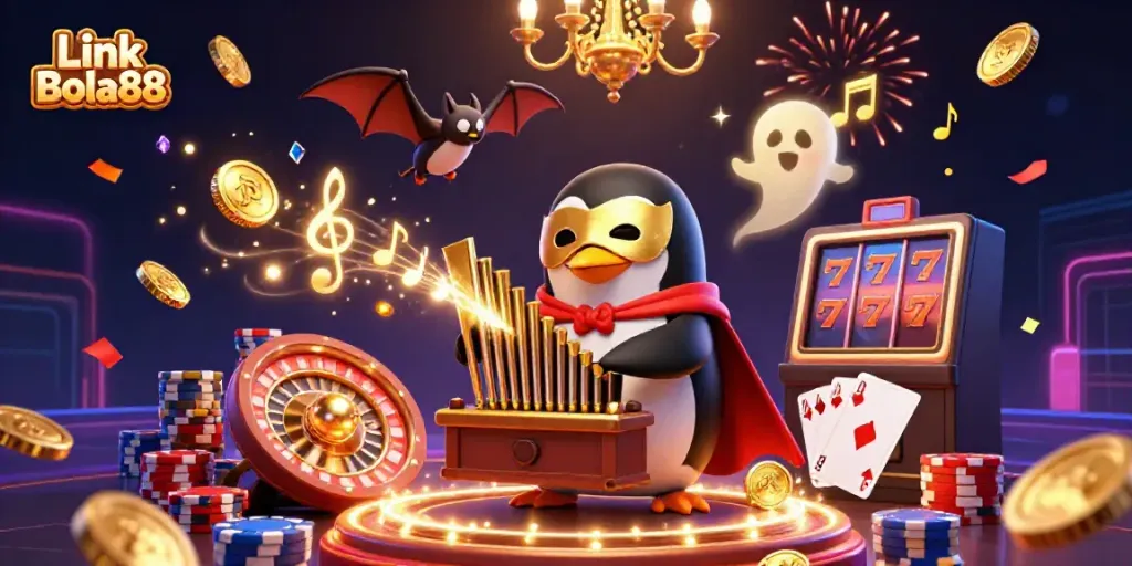 Experience thrilling moments with Link Bola88 as a penguin plays an organ shooting coins in a vibrant casino scene.