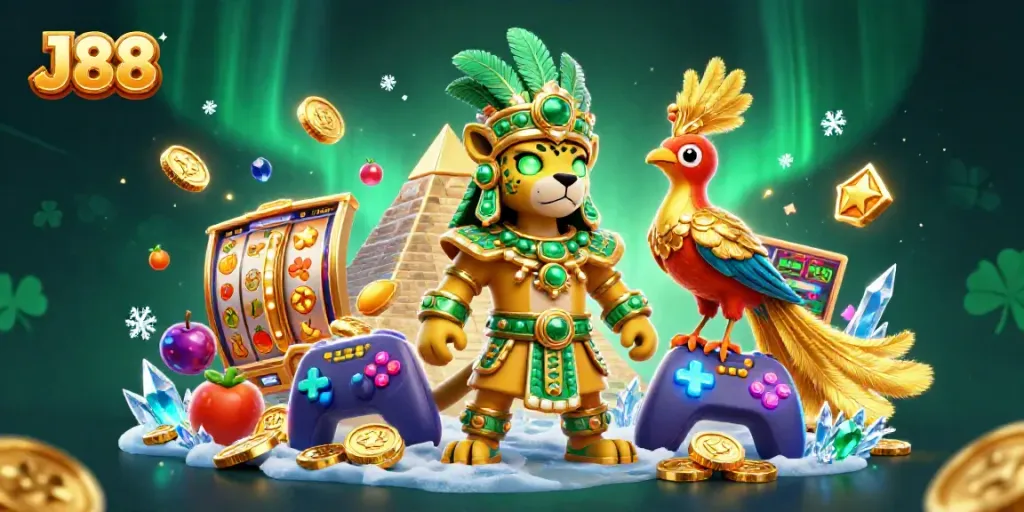Engage with J88's dynamic slot gaming experience featuring vivid characters and lively elements.