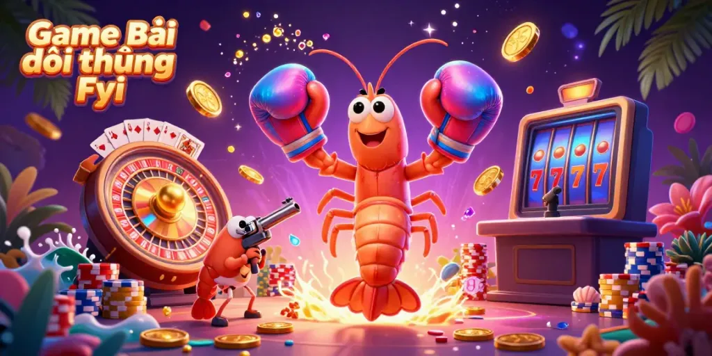 Experience the excitement of Game Bài Đổi Thưởng Fyi as a mantis shrimp battles for riches amidst vibrant casino elements.