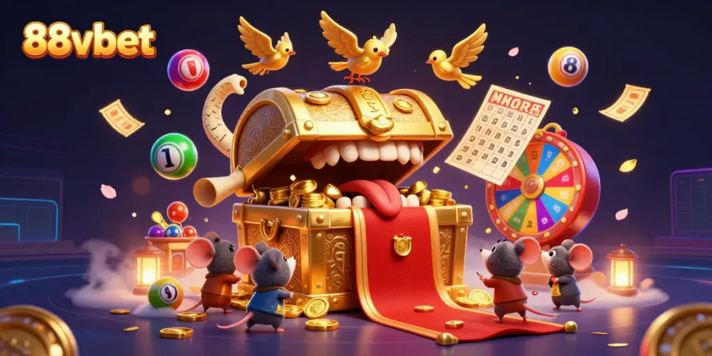 Catch the thrill of 88vbet with a vibrant treasure chest scene and animated gaming elements enriching your casino experience.