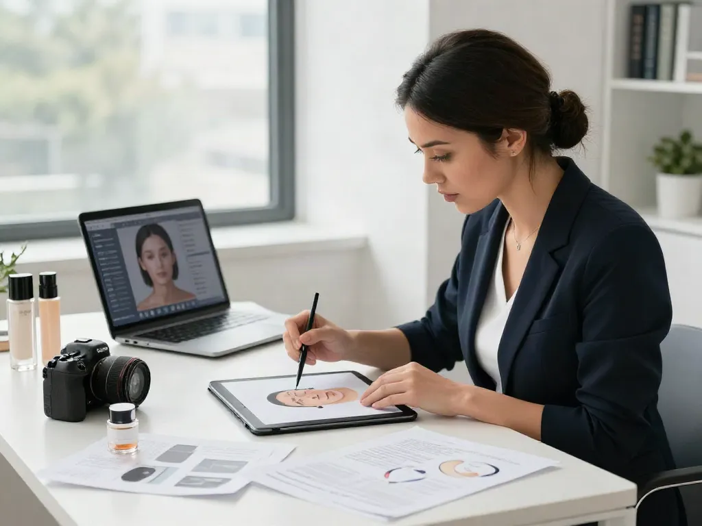 Cosmetic consultant reviewing facial analysis services, highlighting alternatives to QOVES.