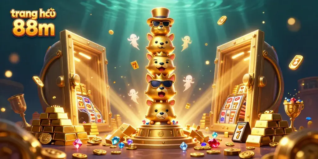 Experience the excitement of trang chủ 88m with a vibrant 3D illustration of a golden totem pole amidst casino treasures.