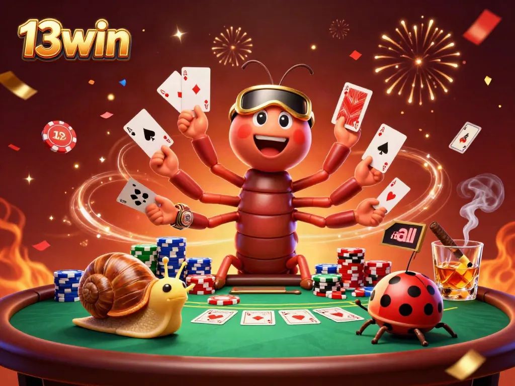 Engaging scene with 13win characters celebrating around a poker table, showcasing excitement and high stakes.