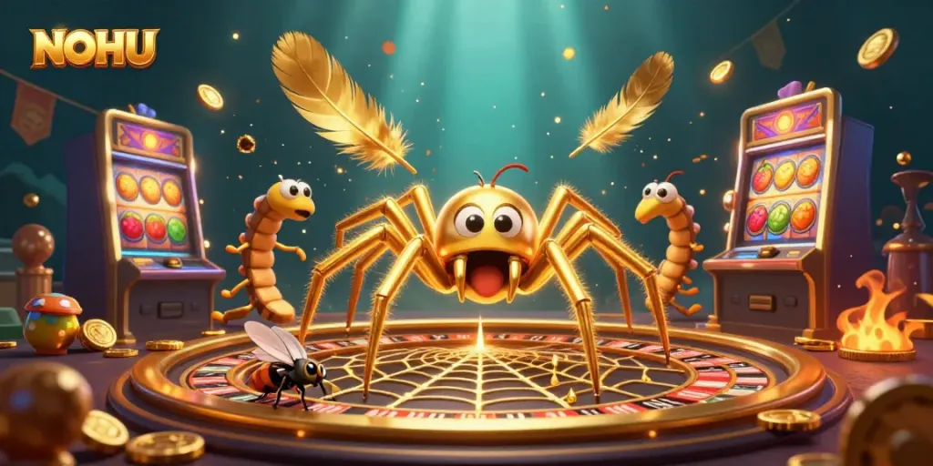 Spin the roulette wheel at NOHU with a golden spider while placing thrilling bets in a vibrant casino scene.