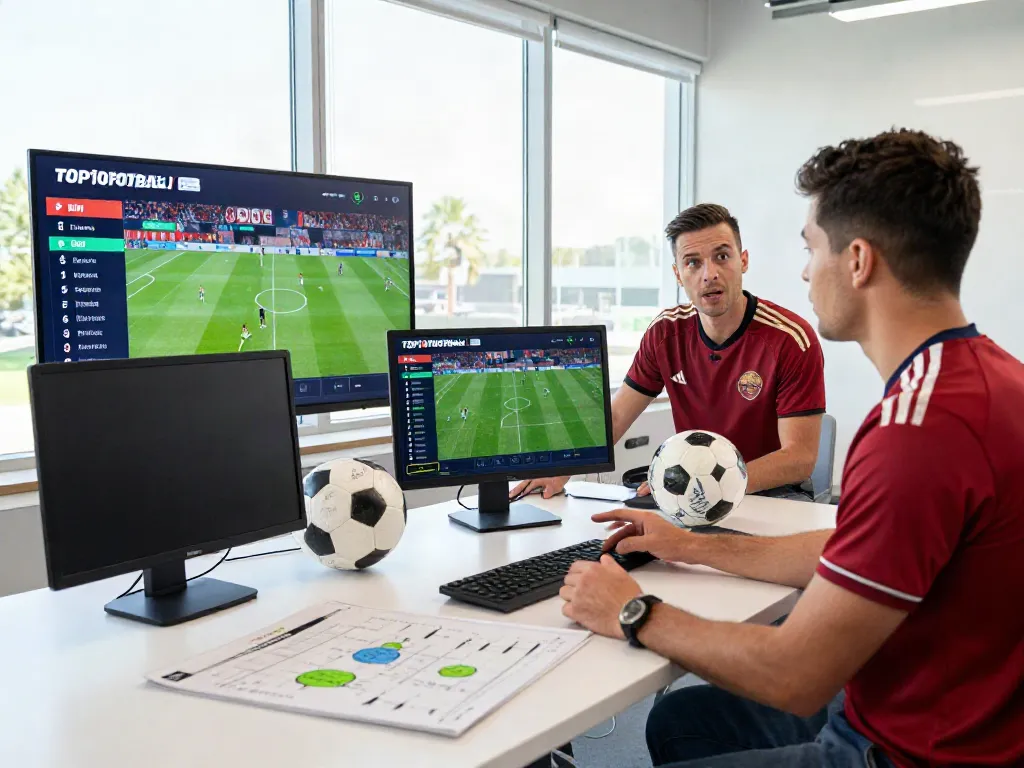 Analysts discussing the latest TOP10FOOTBALL rankings in a modern sports studio.