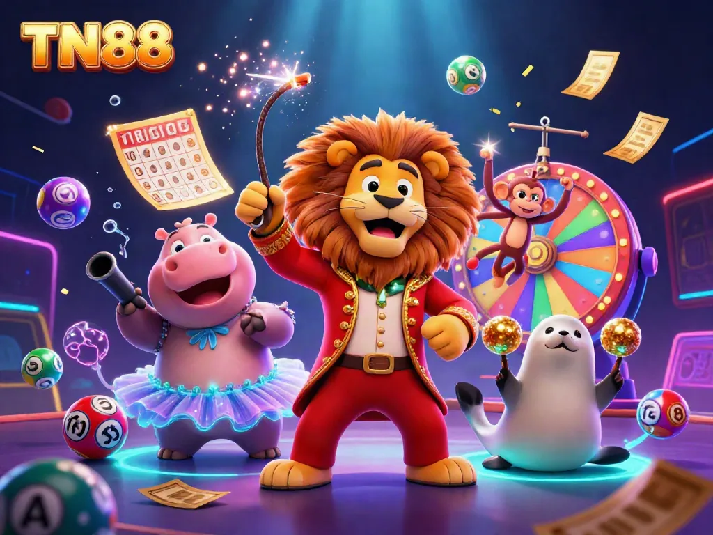 Experience the excitement of TN88 with vibrant scenes of fun circus characters and lottery elements.