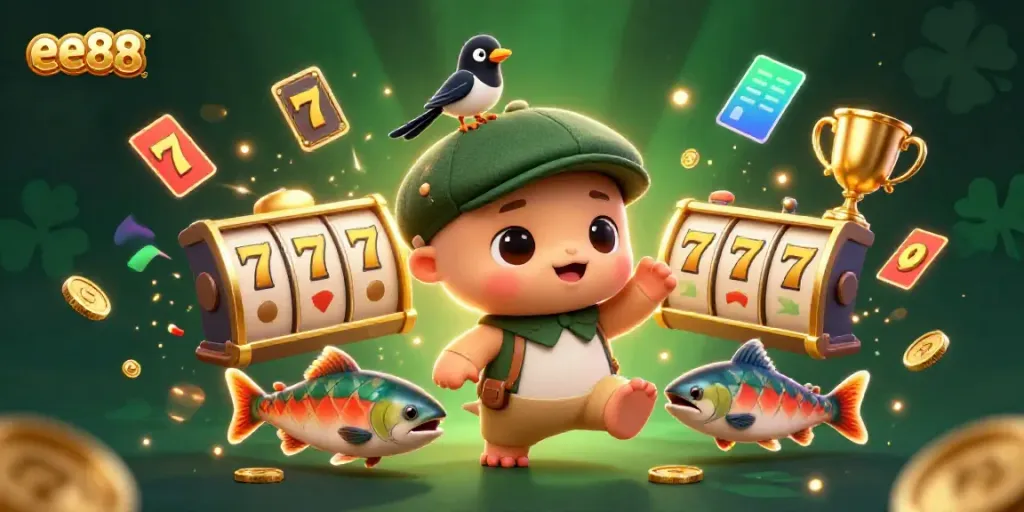 Engage with exciting slot action in a vibrant ee88-themed casino scene featuring playful characters.