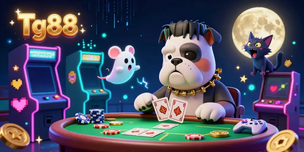 Tg88 casino scene with a cartoon bulldog dealer, ghost mouse, and werewolf kitten in vibrant 3D.