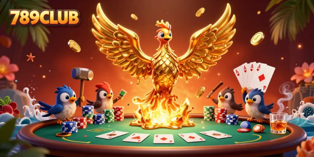 Engage with dynamic gameplay at 789CLUB as a molten golden phoenix rises, surrounded by poker tables and vibrant casino elements.