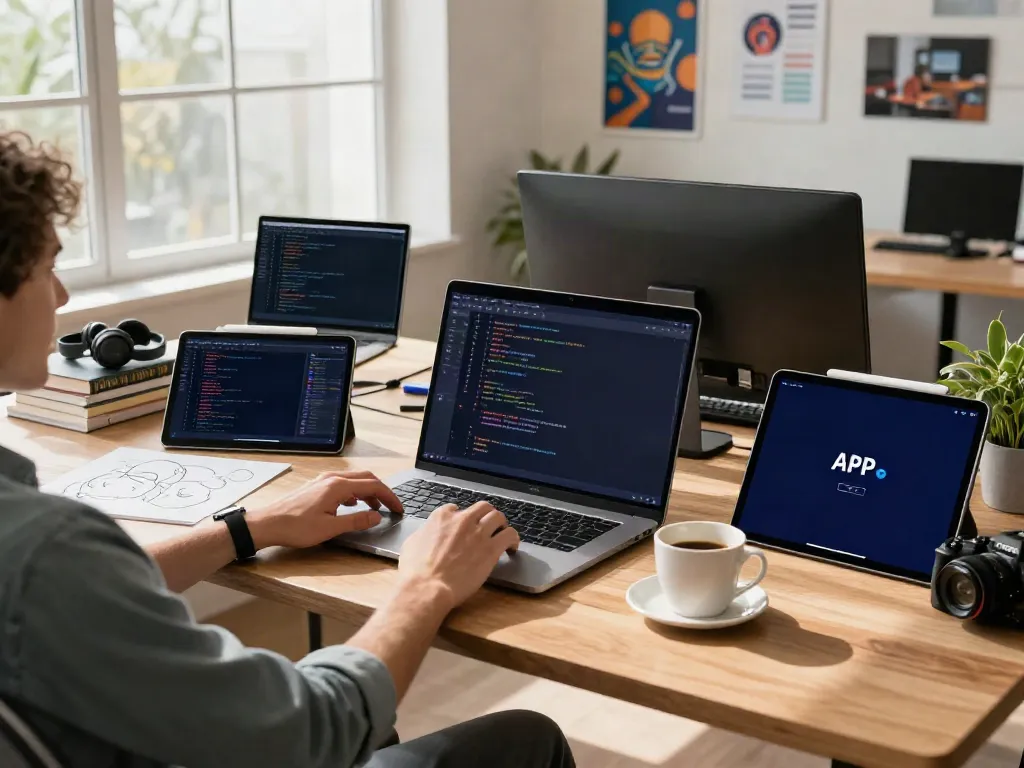 Developer working on APK software in a modern office setting