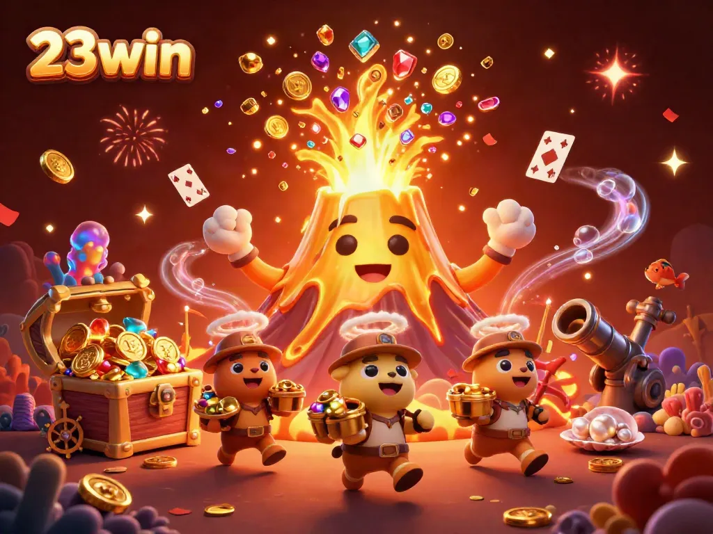 Experience the victory of 23win with a golden volcano erupting treasures in a vibrant casino scene.