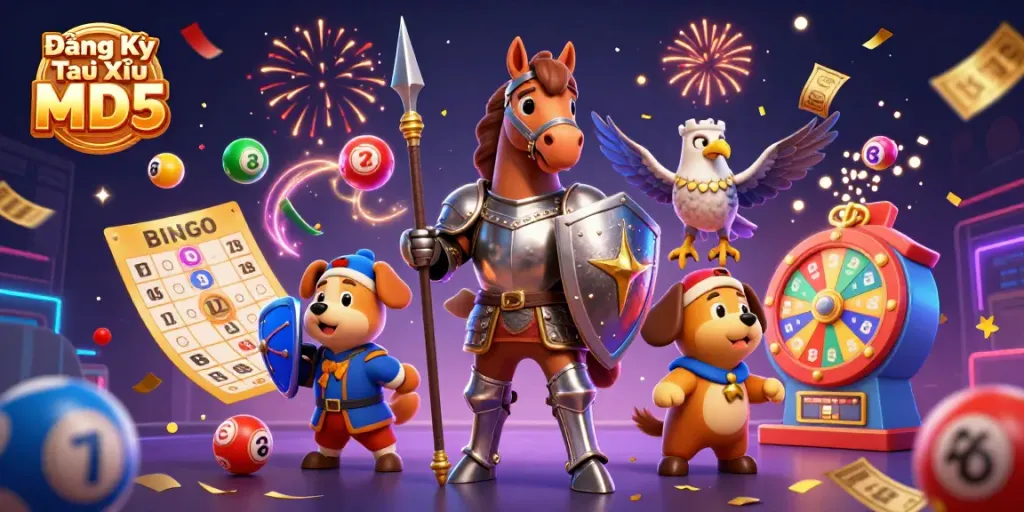 Engaging scene illustrating Đăng Ký Tài Xỉu MD5 with a knight, puppy, and falcon amidst vibrant prizes and lottery elements.