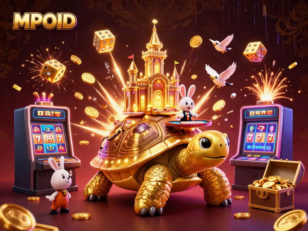 MPOID showcases a vibrant scene with a golden tortoise casino, dynamic slot machines, and exciting game elements.