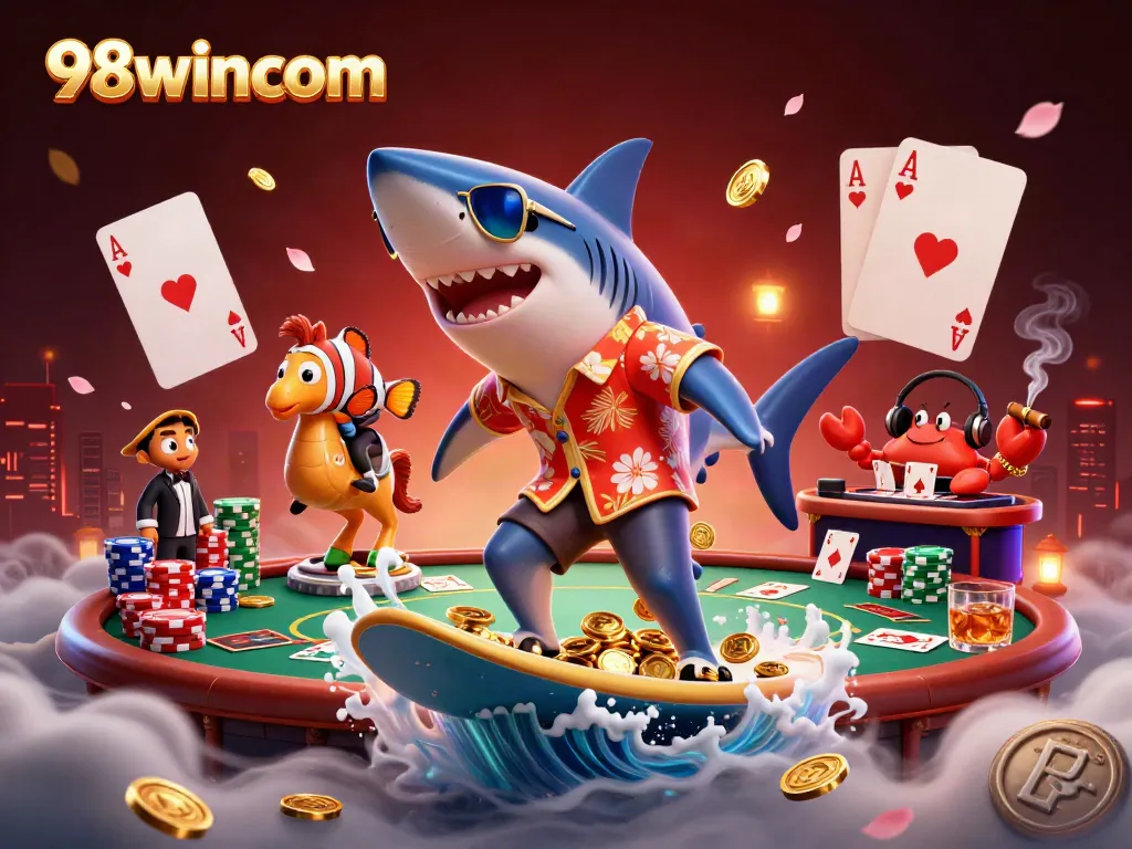 Experience the thrill of 98wincom with a vibrant underwater gambling adventure featuring a shark, clownfish, and crab DJ.