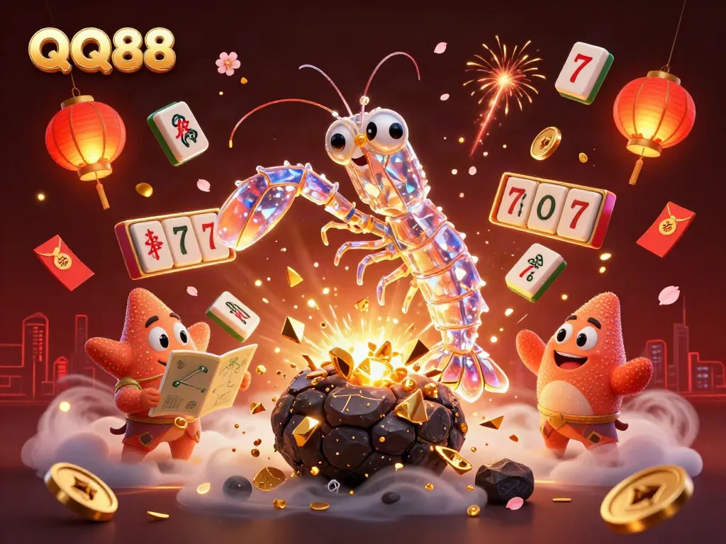 Engage with QQ88's vibrant casino world featuring a galactic samurai shrimp battling through gold and gems.