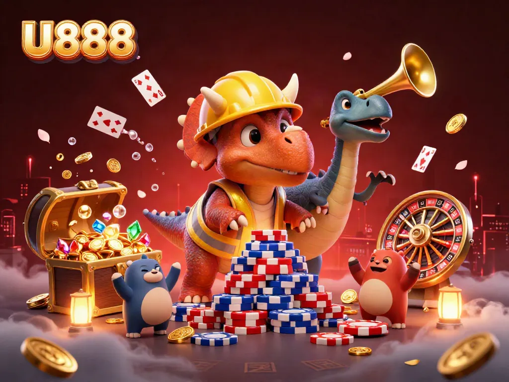 Engage in thrilling gaming with U888's animated scene of a triceratops celebrating casino wins with poker chips and lively creatures.
