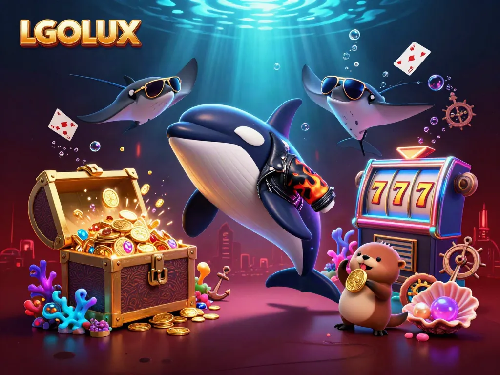 Engage with LGOLUX's vibrant casino experience featuring animated characters amidst exciting gaming elements.