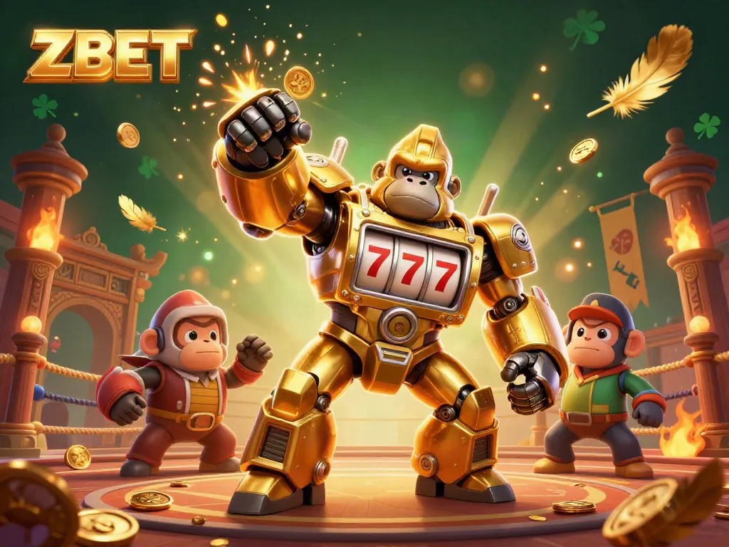 Experience ZBET action with a dynamic illustration of a golden gorilla mech and vibrant casino elements.
