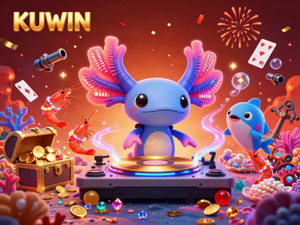 KUWIN immerses players in dynamic underwater joy with an animated casino scene featuring vibrant characters.