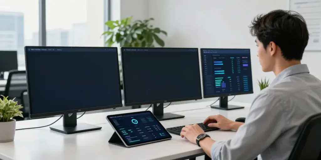 Kinetiq staking professional analyzing data at a modern office workspace