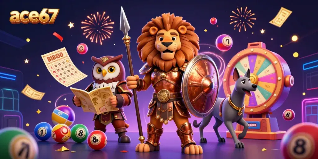 Experience ace67 with a dynamic scene of a Spartan lion and owl strategist amidst vibrant lottery elements.