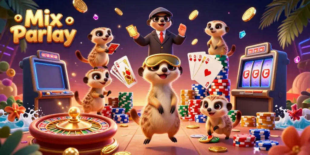 Experience the excitement of Mix Parlay betting in this vibrant casino illustration with meerkats!