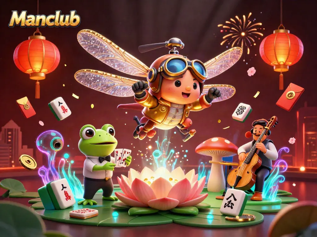 Experience the excitement of Manclub's vibrant casino atmosphere with a dragonfly pilot and frog croupier in this vivid illustration.