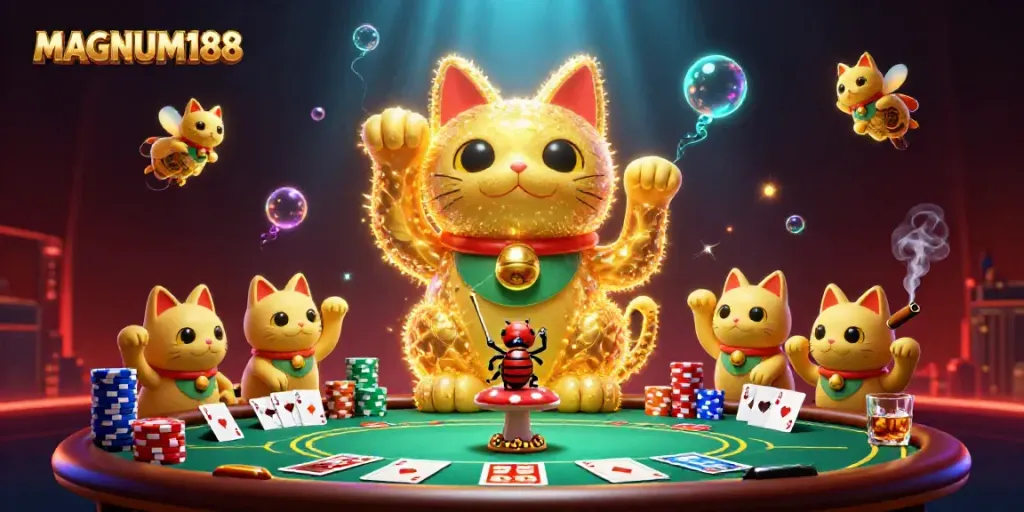 Experience the excitement of MAGNUM188 with a vibrant casino scene showing a lucky cat and poker elements.