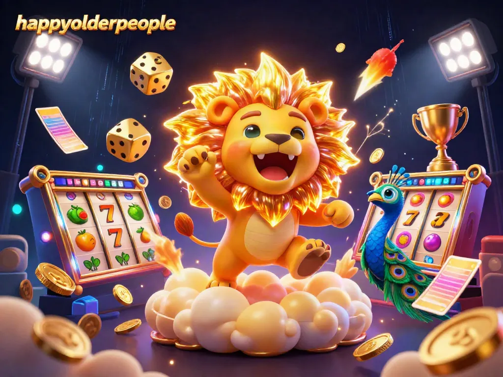 Engage in slots with happyolderpeople's vibrant 3D illustration showcasing dynamic casino characters and elements.