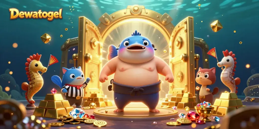 Dewatogel immersive underwater casino scene featuring a giant fugu, catfish referee, and sparkling treasures