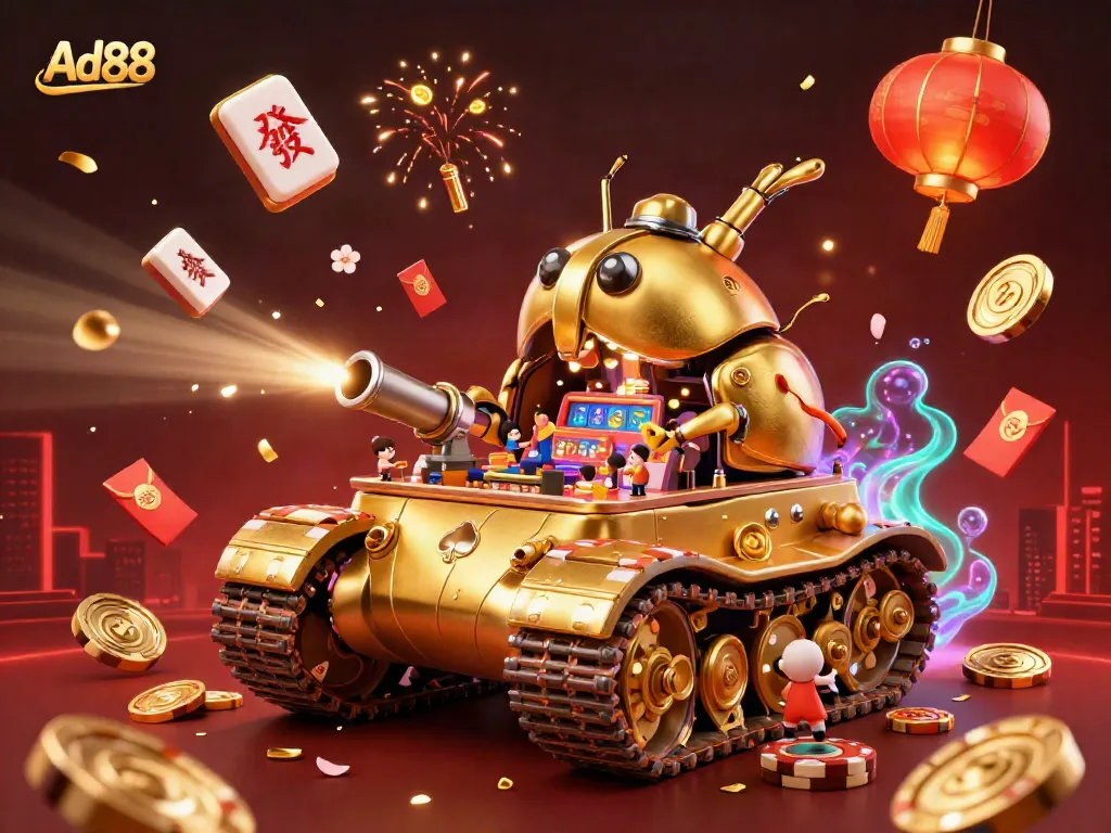 Experience the excitement of Ad88 with a vibrant 3D illustration featuring a casino-filled golden beetle tank surrounded by festive gaming elements and awards.