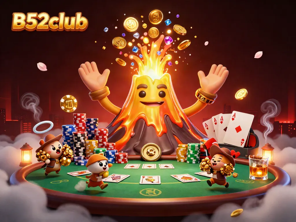 B52club offers an exciting gaming experience with vibrant casino elements like poker tables and gold coins.