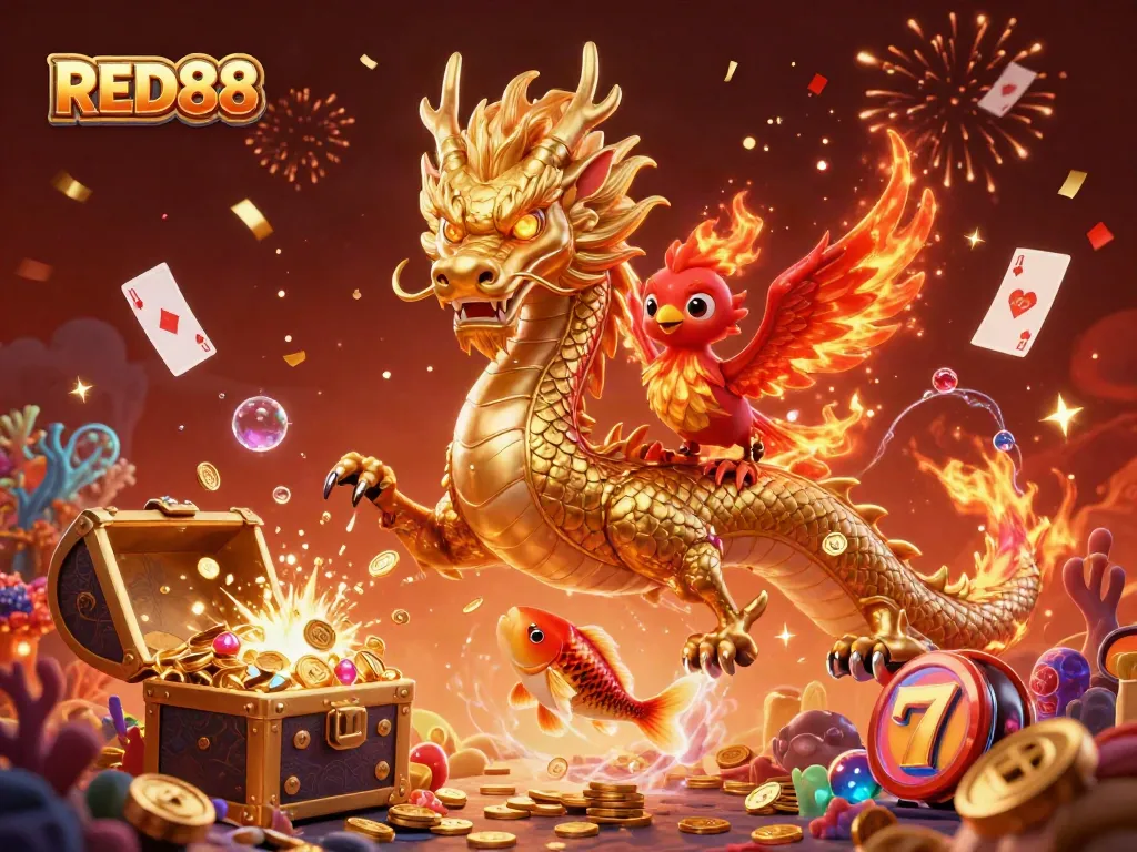 Experience RED88 with a vibrant scene featuring a dragon and phoenix amidst casino-themed elements.