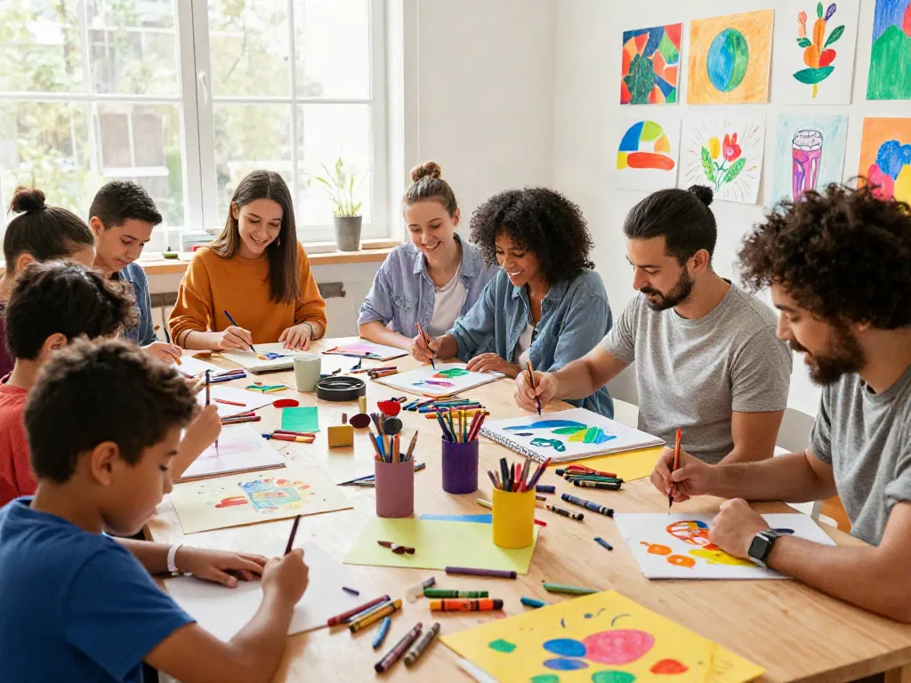 Artists using various crayons in a vibrant creative workshop, highlighting crayon manufacturers.