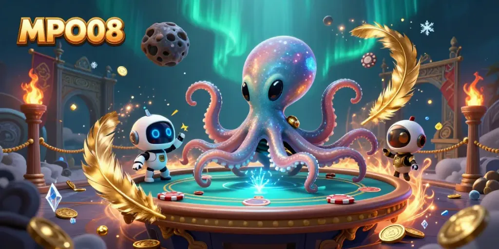 Experience vibrant gameplay with MPO08's alien octopus dealer at a cosmic poker table surrounded by glittering tokens.