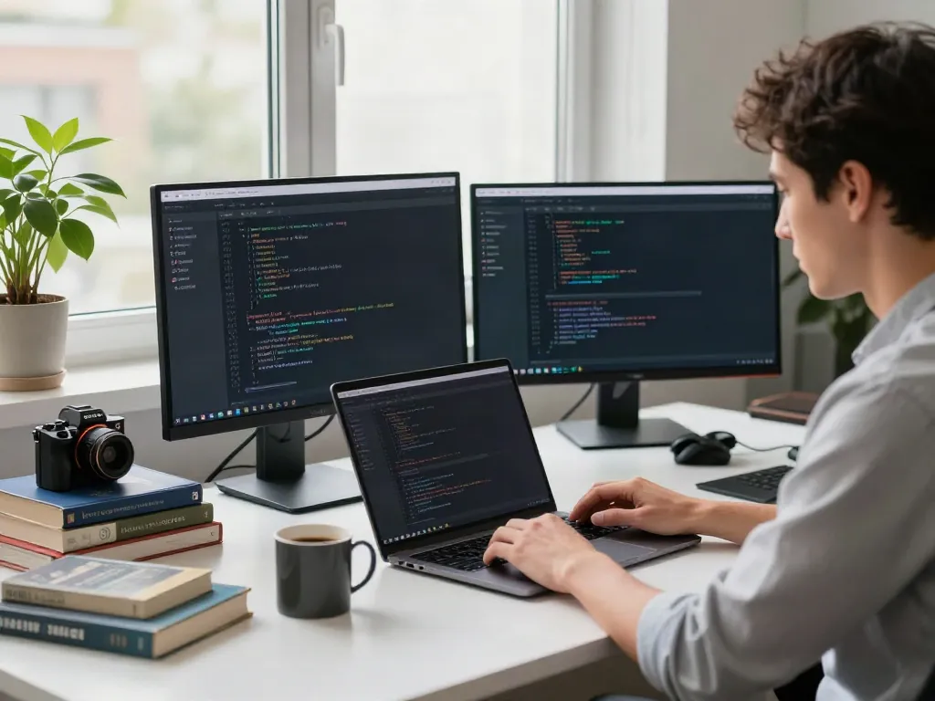 The Brave浏览器 workspace features a developer coding on multiple monitors in a modern office, emphasizing privacy-focused technology.